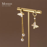 925 Silver Butterfly Shell Dangle Earrings Asymmetrical Drop Women Jewelry