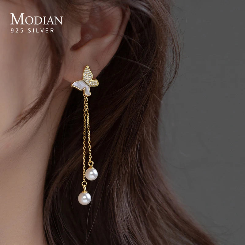 925 Silver Butterfly Shell Dangle Earrings Asymmetrical Drop Women Jewelry