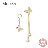 925 Silver Butterfly Shell Dangle Earrings Asymmetrical Drop Women Jewelry