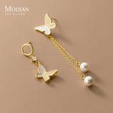 925 Silver Butterfly Shell Dangle Earrings Asymmetrical Drop Women Jewelry