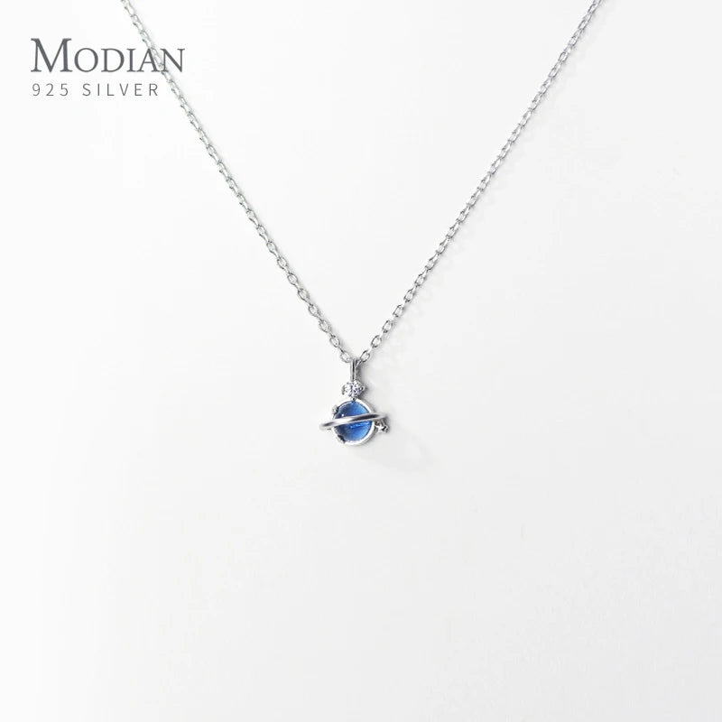 Gradient Crystal 925 Silver Planet Pendant Link Chain Necklace