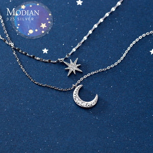 925 Silver Zircon Stackable Star Moon Pendant Necklace