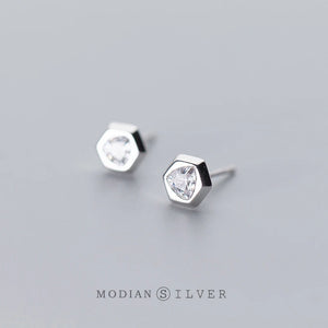 925 Silver Hexagon CZ Stud Earrings Women's Minimalist Ear Jewelry