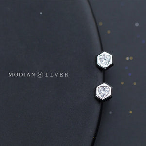 925 Silver Hexagon CZ Stud Earrings Women's Minimalist Ear Jewelry