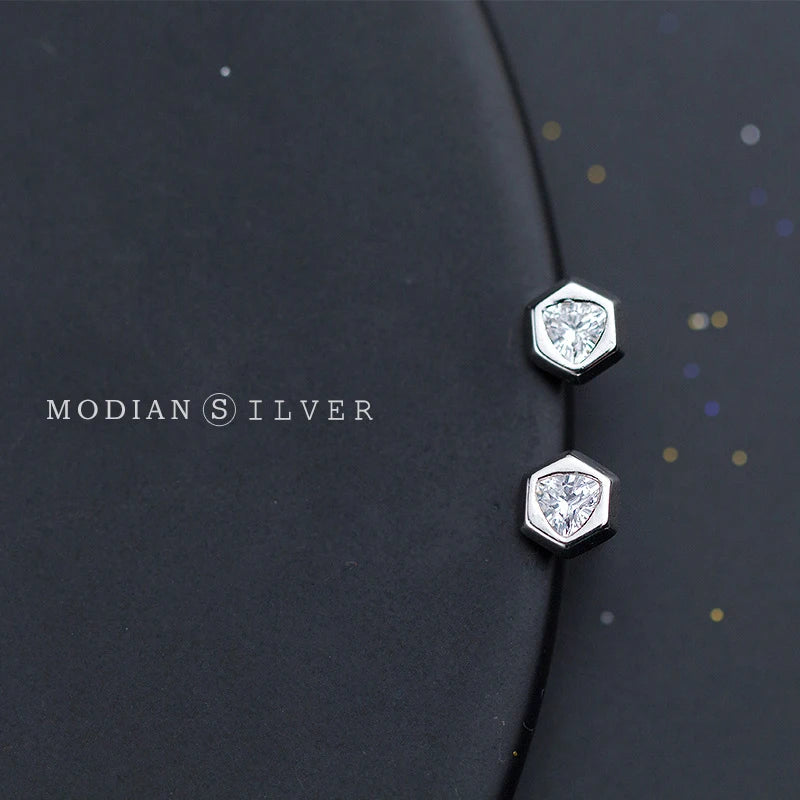 925 Silver Hexagon CZ Stud Earrings Women's Minimalist Ear Jewelry
