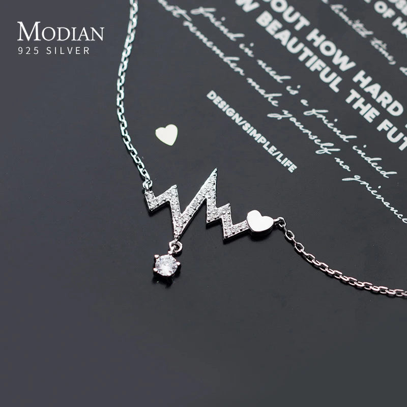 925 Silver Zircon Heartbeat Pendant Necklace for Women