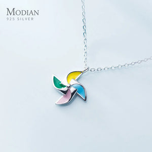 925 Silver Enamel Windmill Pendant Necklace for Women