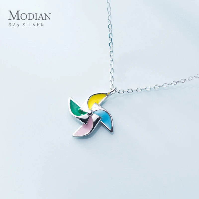 925 Silver Enamel Windmill Pendant Necklace for Women