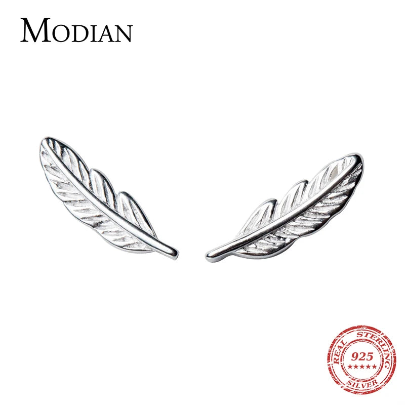 925 Silver Lucky Feather Tree Leaf Stud Earrings For Women