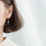 Geometric Oval Silver Hoop Earrings with Zircon Cross Korea Style Jewelry