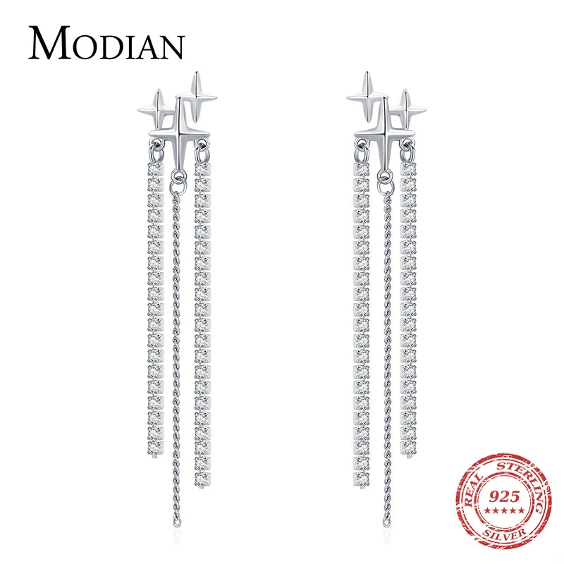 Sterling Silver Tassel Drop Earrings Clear CZ Dangle Jewelry