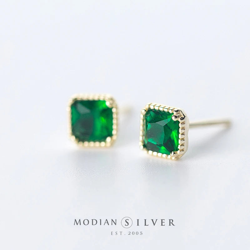 Green CZ Stud Earrings 925 Silver Natural Stone Women Wedding