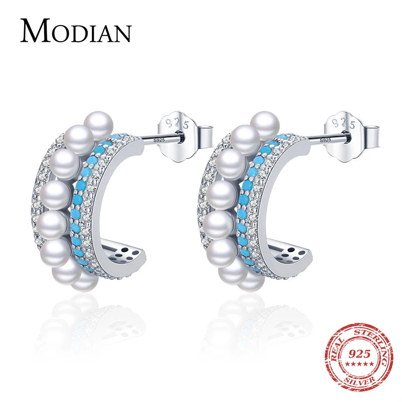 925 Sterling Silver Turquoise Ear Studs Pearl Charm Earrings