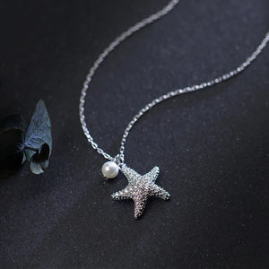 Marine Life Zircon Starfish Pearl Sterling Silver Necklace