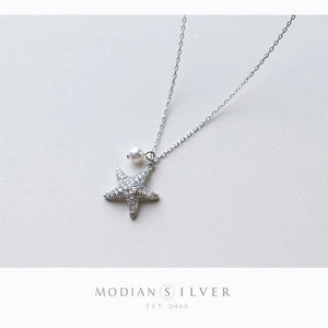 Marine Life Zircon Starfish Pearl Sterling Silver Necklace