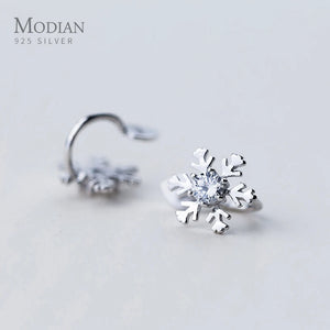 Minimalist Clear CZ Snowflake Clip Earrings 925 Sterling Silver Allergy-Free