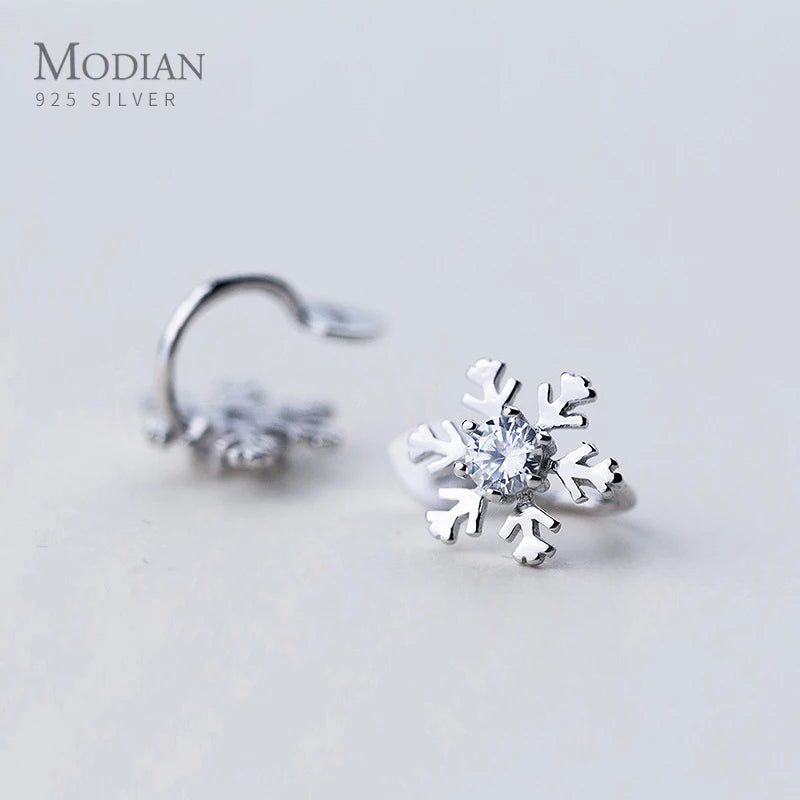 Minimalist Clear CZ Snowflake Clip Earrings 925 Sterling Silver Allergy-Free