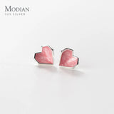 Pink Enamel Hearts Rose Stud Earrings 925 Sterling Silver Romantic Ear Studs