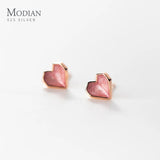 Pink Enamel Hearts Rose Stud Earrings 925 Sterling Silver Romantic Ear Studs
