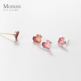 Pink Enamel Hearts Rose Stud Earrings 925 Sterling Silver Romantic Ear Studs