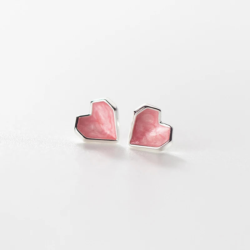 Pink Enamel Hearts Rose Stud Earrings 925 Sterling Silver Romantic Ear Studs