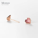 Pink Enamel Hearts Rose Stud Earrings 925 Sterling Silver Romantic Ear Studs