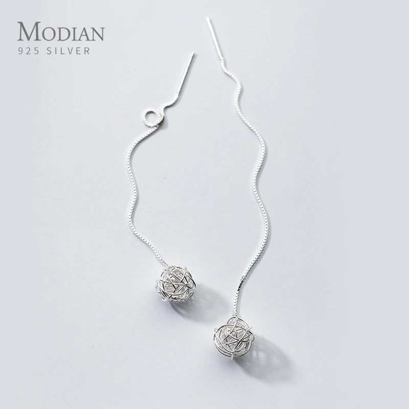 Sterling Silver Long Chain Ball Earrings for Women