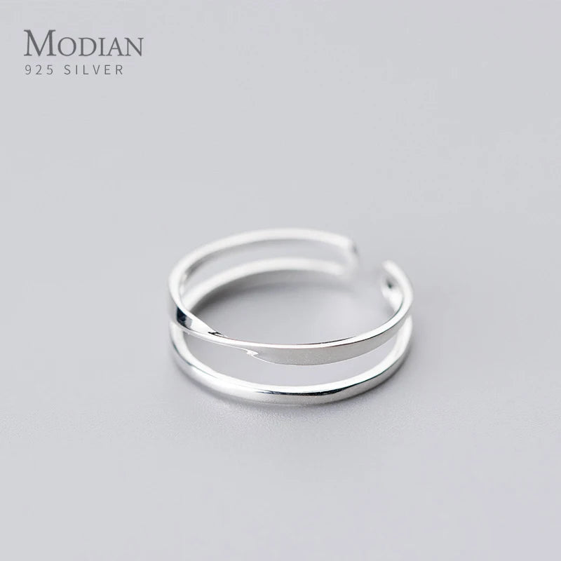 Double Circle Line Ring Women Open Adjustable Sterling Silver 925 Fine Jewelry