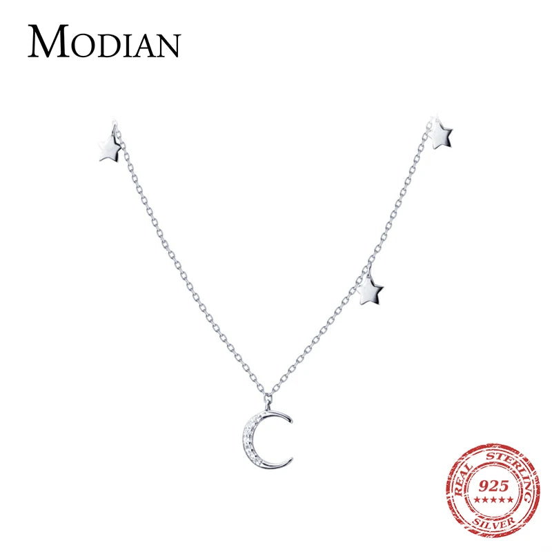 Moon & Stars Charm Choker Necklace 925 Sterling Silver