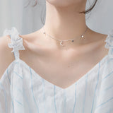 Moon & Stars Charm Choker Necklace 925 Sterling Silver