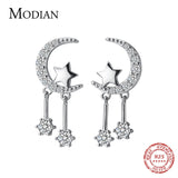 Moon & Stars Swing Zircon Stud Earrings 925 Silver Romantic Earring For Women