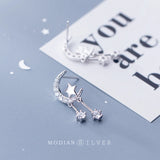 Moon & Stars Swing Zircon Stud Earrings 925 Silver Romantic Earring For Women