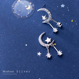 Moon & Stars Swing Zircon Stud Earrings 925 Silver Romantic Earring For Women