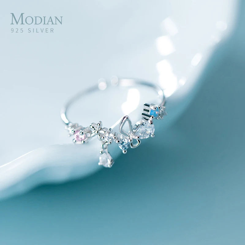 Colorful Crystal Water Drop Flower Ring Adjustable Sterling Silver 925 Fine Jewe