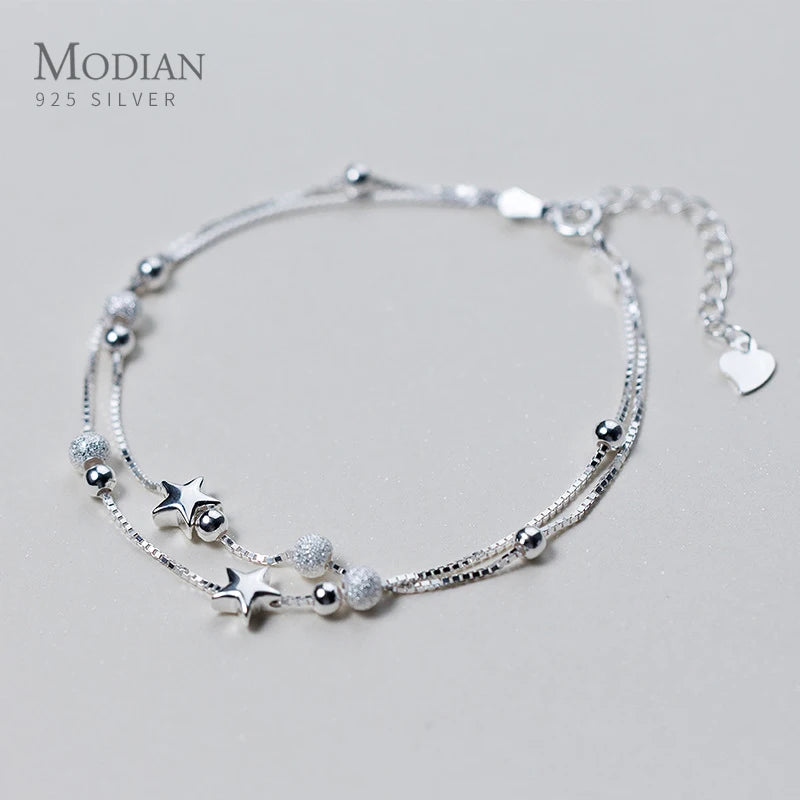 925 Silver Double Layer Bracelet with Stars Charm