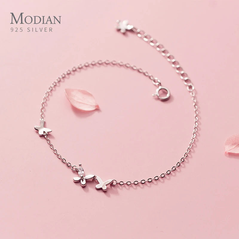 925 Silver Clear CZ Butterfly Chain Bracelet for Women Girl