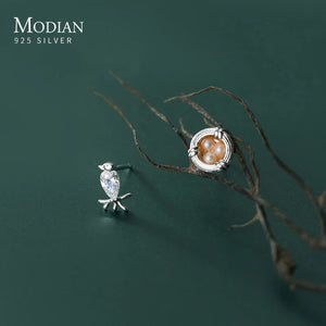 925 Silver Clear CZ Birds Pearl Nest Stud Earring Women Fine Jewelry