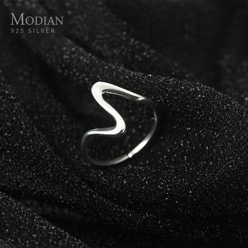 925 Silver Geometric Wave ECG Ring for Women Size Ring Japanese Style