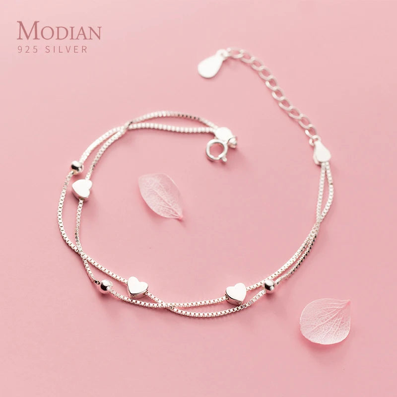 925 Silver Little Balls Hearts Charm Bracelet for Women Adjustable Link Chain