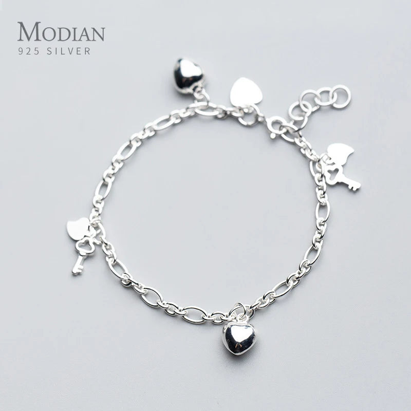 925 Silver Hearts Key Charm Bracelet Bangle for Women Fine Jewelry