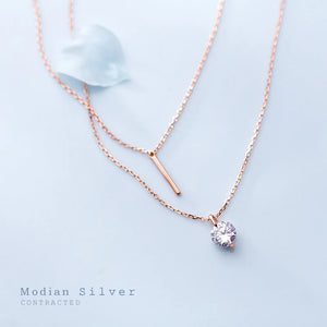925 Silver Zircon Geometric Double Chain Pendant Necklace