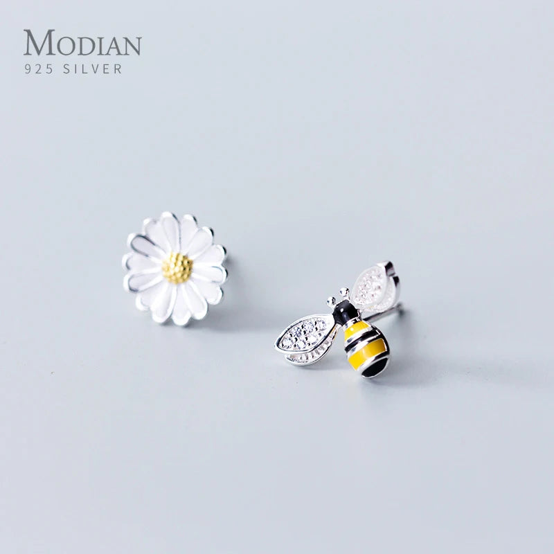 925 Silver Bee & Flower Enamel Stud Earrings