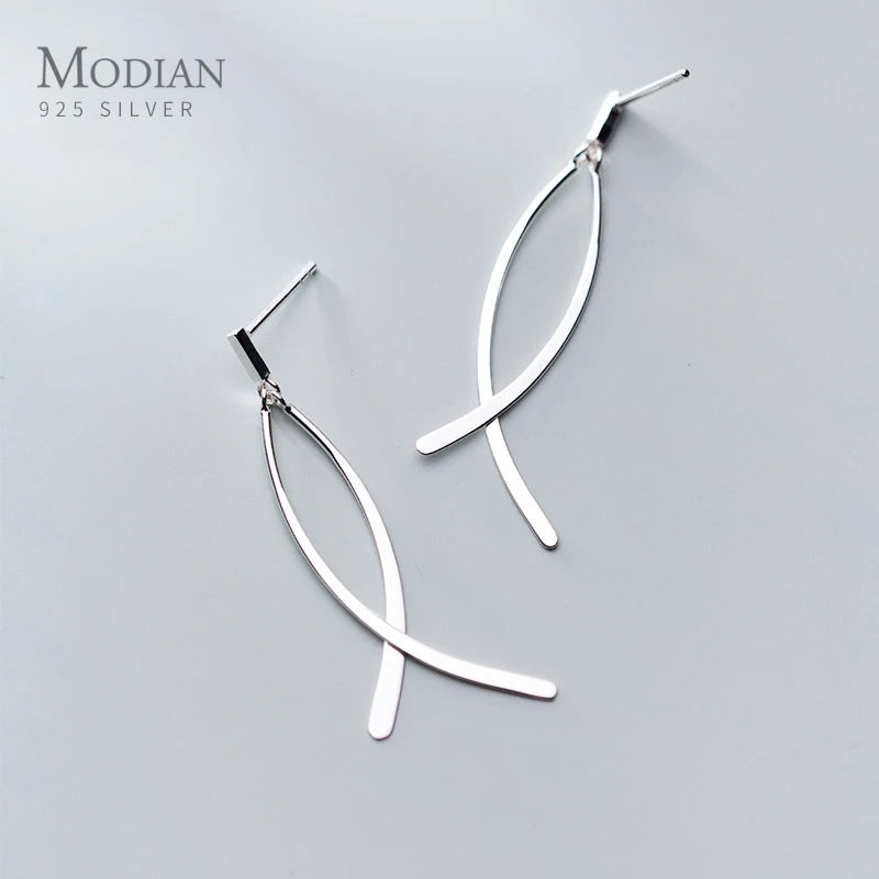 Geometric Cross Line Dangle Earrings 925 Silver