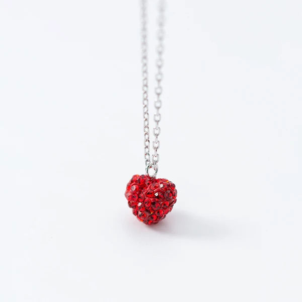 925 Silver Red Heart Pendant Necklace Full Crystal Women's Jewelry