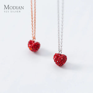 925 Silver Red Heart Pendant Necklace Full Crystal Women's Jewelry