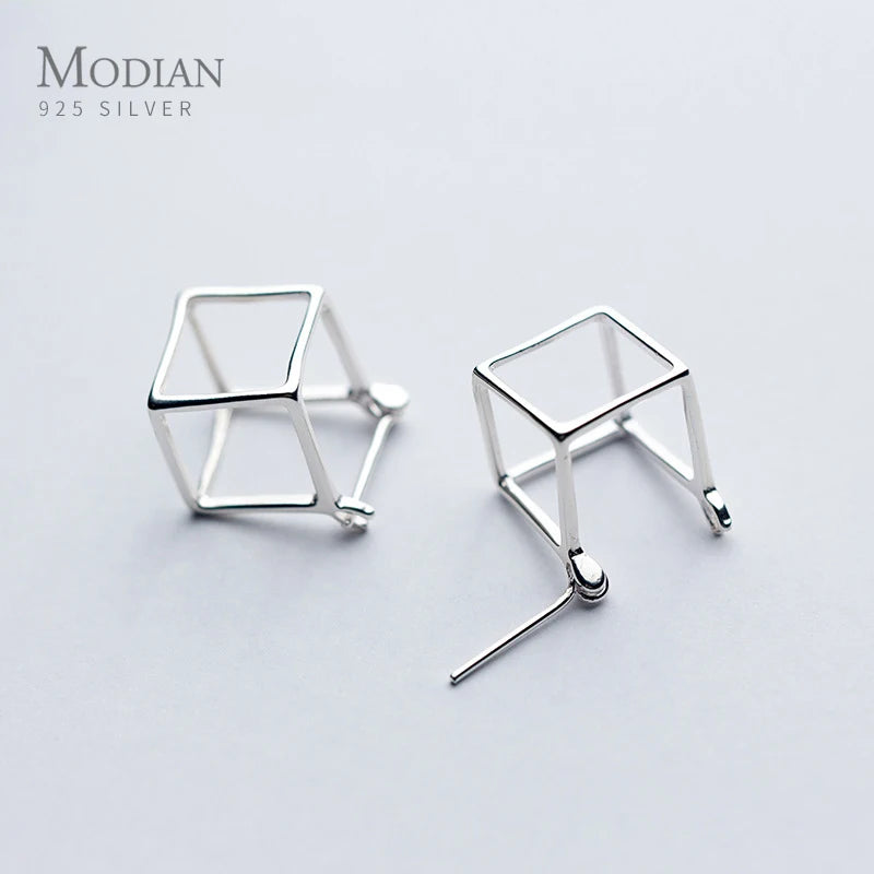 Geometric 3D Cube Studs 925 Sterling Silver Earrings