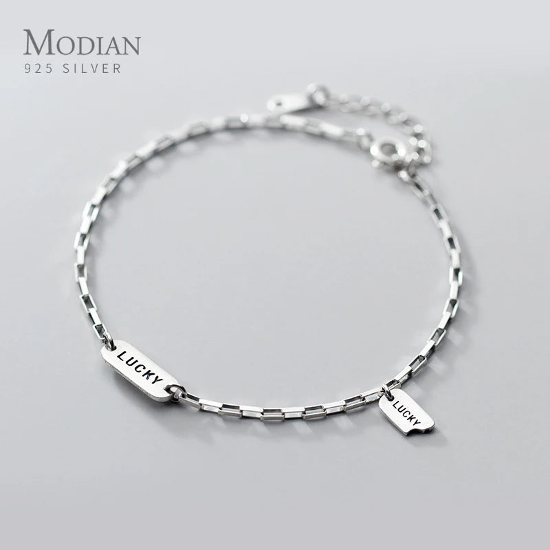 925 Silver Engraved Letter Geometric Oval Bracelet Women Adjustable Jewelry