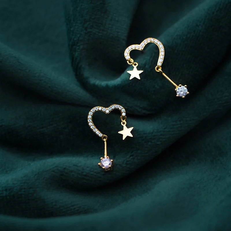 925 Silver Stars Hearts Swing Zircon Earrings