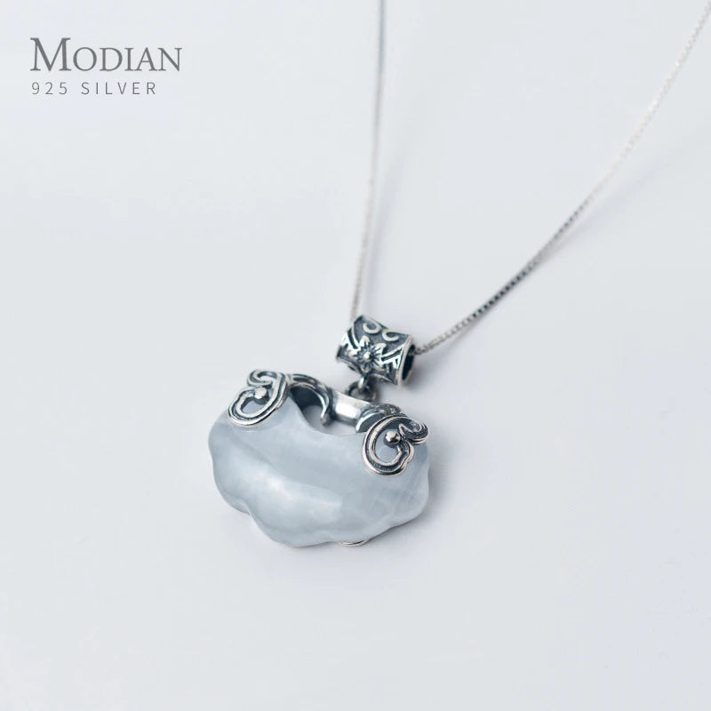 Sterling Silver Longevity Lock Opal Pendant Necklace Ethnic Style Fine Jewelry