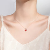 925 Silver Link Chain Necklace Romantic Red Crystal Hearts Pendant Fine Jewelry